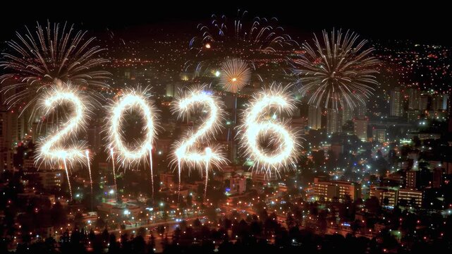 Fireworks celebrating the new year 2026 over a city at night