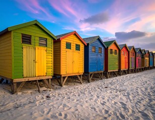Naklejka premium Colorful beach huts at sunset