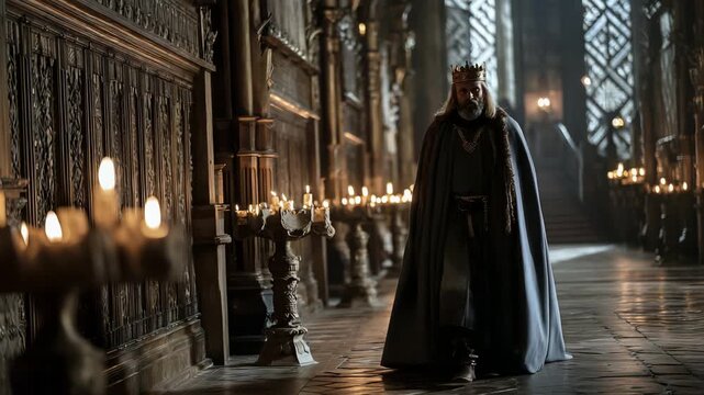 Regal Presence in a Dramatically Dimly Lit Castle Hallway Setting