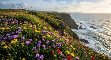 Scenic coastal cliffside panorama bursting with vibrant wildflowers at sunset