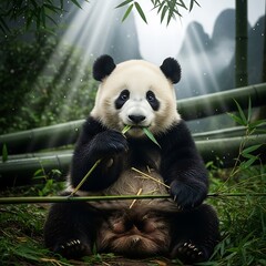 Fototapeta premium Panda Eating Bamboo in Natural Habitat.
