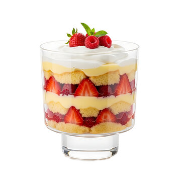A layered dessert featuring sponge cake custard whipped cream strawberries and raspberries in a glass trifle bowl Festive and delicious !