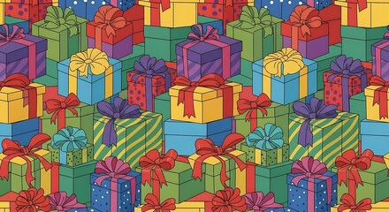 Vibrant medley of colorful gift boxes with festive bows and decorative patterns