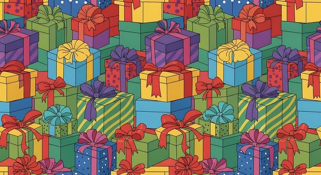 Vibrant medley of colorful gift boxes with festive bows and decorative patterns