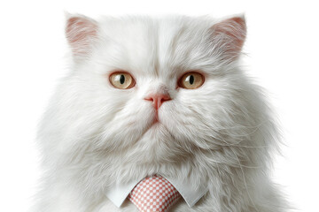 Fluffy white cat with pink checkered tie portrait on black background, cut out