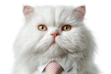 Fluffy white cat with pink checkered tie portrait on black background, cut out