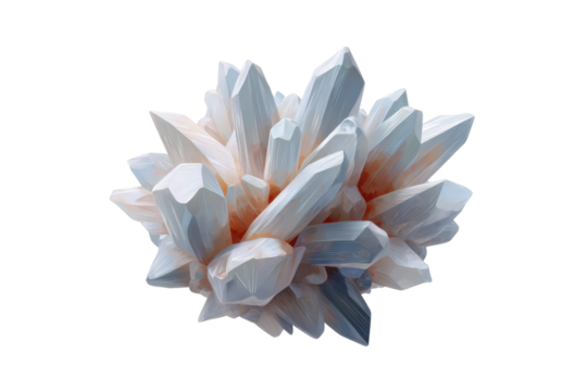 Cluster of translucent quartz crystals with blue and orange hues, cut out