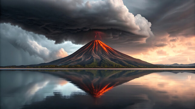 Volcano eruption storm reflected in calm water clouds - Powered by Adobe
