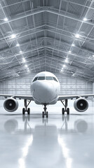 Fototapeta premium Airplane inside hangar front view. 