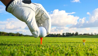 Golf hand placing ball on tee