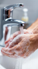 Fototapeta premium Hands washing with soap under running water in bathroom sink. 
