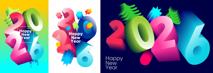 Vibrant and colorful 3D illustration celebrating the New Year 2026. The design features bold numbers with festive elements like stars and pine trees, set against gradient backgrounds