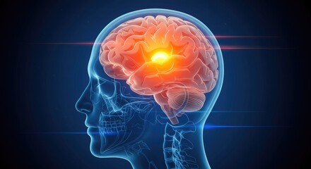 Digital illustration of human brain with glowing red area representing neural activity or pain