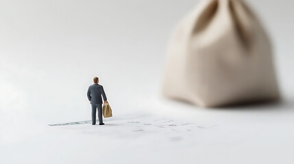 Tiny figurine carrying bag towards large blurred sack. A conceptual take on financial goals and future planning. Macro lens, clean background, white tone.