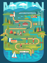 Cartoon colorful poster with tourist map of a resort village and mountains
