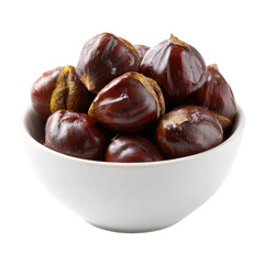 Obraz premium A white bowl filled with roasted chestnuts, a delicious autumnal treat. background removed