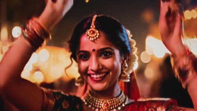 Portrait: Beautiful Indian girl or woman dancing a garba, durga dance. Celebrates Navratri festival. Traditional celebration and culture, indus. Hindu Aesthetics, Spirituality. Music, Dandiya sticks