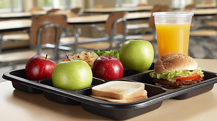 School lunch tray featuring healthy meal options including apples, a burger, and a drink, arranged on a cafeteria table with a bright and inviting atmosphere