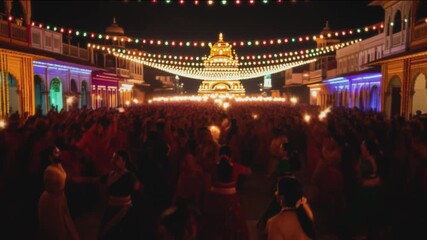 Overall plan: crowd is dancing and celebrating the Navratri festival. Traditional celebration and culture. The Hindus. Hindu Aesthetics and Spirituality. Beautiful womans and mans. New Dehli