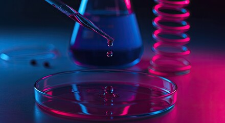 Close up of laboratory equipment with colorful lighting and a dropper adding liquid to a petri dish