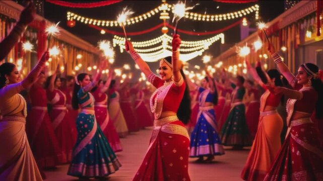 Overall plan: crowd is dancing and celebrating the Navratri festival. Traditional celebration and culture. The Hindus. Hindu Aesthetics and Spirituality. Beautiful womans and mans. New Dehli