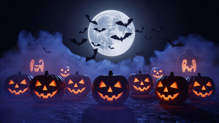 Spooky cinematic Halloween night scene with glowing jack-o-lantern pumpkins under full moon, flying bats and eerie mist, perfect seasonal festive celebration background