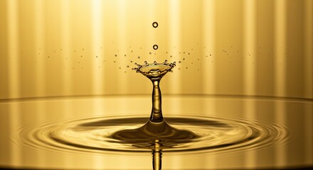 Golden liquid splash frozen in time with ripples and falling droplets