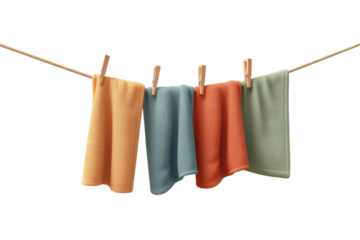 Colorful towels hanging on clothesline with wooden clothespins, cut out