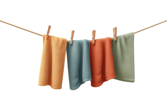 Colorful towels hanging on clothesline with wooden clothespins, cut out