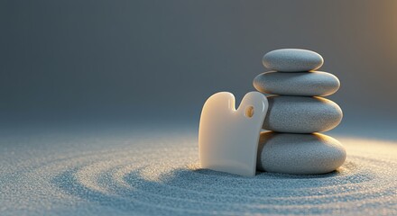 Zen garden with stacked smooth stones and a white gua sha tool on raked sand