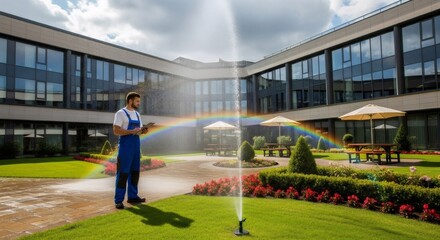 Man worker with clipboard checking automatic irrigation system on green lawn. Rainbow from water. Maintenance of public garden area.