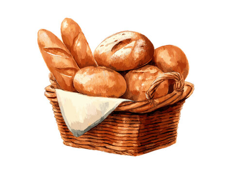 Watercolor illustration of wicker basket filled with assorted breads baguette, rolls, round loaf, cozy rustic bakery style