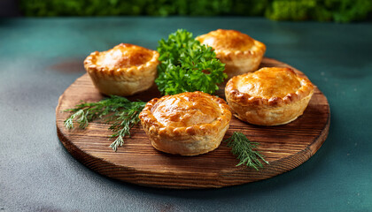 Delicious Golden Brown Meat Pies Garnished With Herbs On A Wooden Board With Fresh Greens In The Background