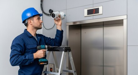 Man installer installing security camera on wall with screwdriver on a ladder in building. Public safety system maintenance concept.
