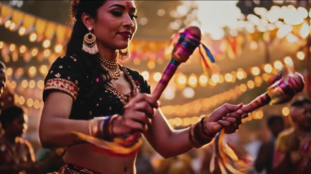 Dandiya sticks. Traditional celebration and culture. The Hindus. Hindu aesthetics and spirituality. Gold traditional outfit holds flowing red scarf. This image captures spirit of a celebratory dance