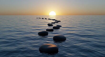 Stepping stones lead across calm ocean water towards a bright sun setting on the horizon