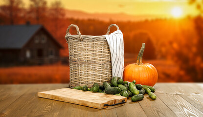 Autumn still life and blurred  cozy seasonal mood background with copy space for product placement....