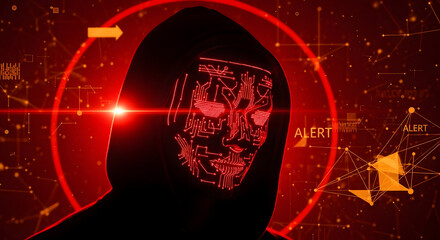 Intriguing hacker in a dark hood with a glowing red cybernetic face, a sinister depiction of cybersecurity threats and the digital underworld