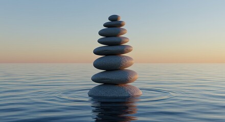 Zen stone stack balanced on calm water at sunset with soft sky