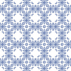 Seamless ordinary geometric flower shape pattern blue and white watercolor texture. Wallpaper background 