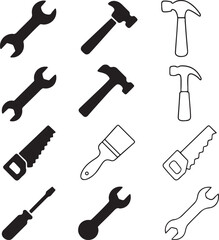 Assortment of Black and White Outline and Solid Tool Icons Keywords: wrench, spanner, hammer, saw