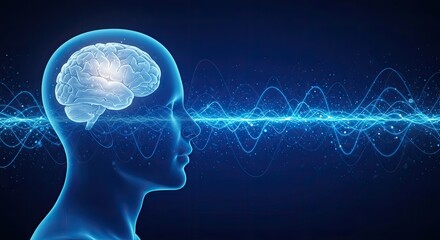 Abstract visualization of human brain activity and neural network connections with glowing blue energy waves