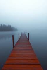 Naklejka premium Misty Serenity Tranquil Brown Pier Vanishing into a White Fog Over Calm Reflective Waterscape