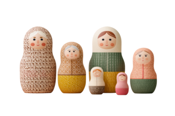 Colorful russian nesting dolls set displayed in a row on black background, cut out