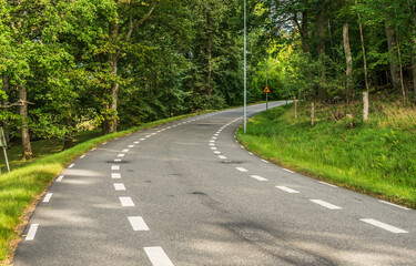 Curving asphalt road through forest with streetlamp.