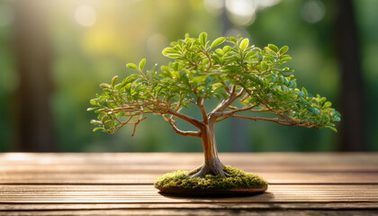 Serene Miniature Tree On Wooden Surface With Delicate Branches And Leaves