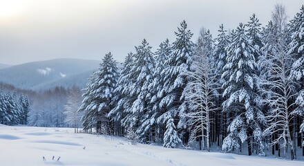 Naklejka premium Serene snowy landscape featuring evergreen forest and distant mountains