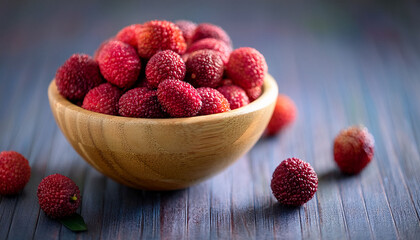 Close Up Of Bright Tibetan Raspberries In A Wooden Bowl Fresh And Vibrant