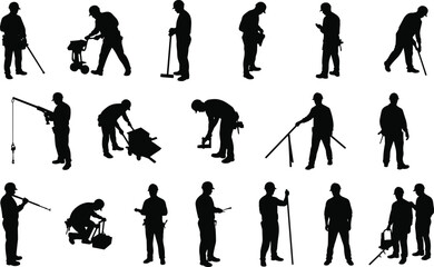 Obraz premium Construction worker silhouettes, hard hat safety, tool usage, machinery operation, job site activity, labor diversity, industrial posture, vector illustration