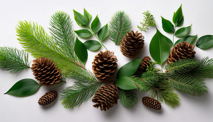 Beautiful Arrangement Of Various Green Leaves And Pine Cones On White Background Creating Natural And Fresh Atmosphere